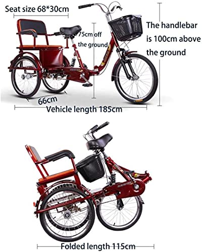 FGVDJ Triciclo Bicicleta de 3 Ruedas para Adultos con Asiento Trasero + Canasta ampliada Tres Rondas para Padres e Hijos Bicicleta de Doble Cadena con Motor Humano, Pedal