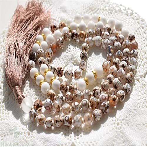 FIISH 8Mm Dzi Bead Gemstone 108 Cuentas Borlas Collar Mala Ing Fengshui Ruyi Yoga Muñeca Hecha a Mano Natural DIY Unisex-Default