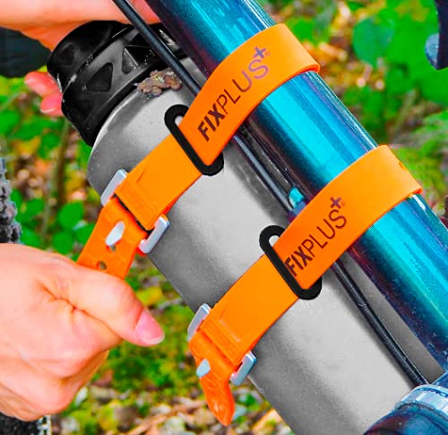 Fixplus Gear Tightener Set 66cm - Fijación de carga en la bicicleta para piezas grandes - 2x soportes de aluminio incl. tornillos + 2x correas de tensión de 66cm negro y 2x Strapkeepers naranja