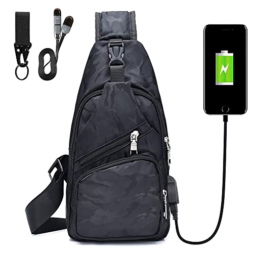 flintronic Sling Bag, Bolsa de Pecho con Puerto de Carga USB, Puerto Crossbody para Hombres Mujeres Senderismo Ligero Ciclismo Mochila de Viaje para Acampar (Incluye 1 Cable USB)