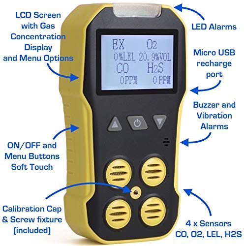 FORENSICS - Detector y medidor multigas básico | O2, CO, H2S, LEL | Recarga USB | Alarmas de sonido, luz y vibración | Pantalla grande y retroiluminación |