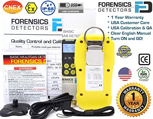 FORENSICS - Detector y medidor multigas básico | O2, CO, H2S, LEL | Recarga USB | Alarmas de sonido, luz y vibración | Pantalla grande y retroiluminación |