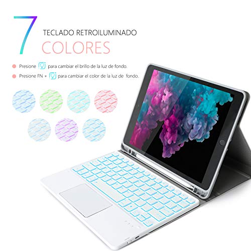 Funda con Teclado Español Trackpad para iPad 10.2 7ª/8ª Generación,iPad Air 3 2019/iPad Pro 10.5 2017, Teclado Desmontable Retroiluminado de 7 Colores, Funda para iPad 10.2 2020/2019, Oro Rosa