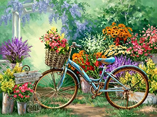 Golden Maple: kit de bricolaje para pintura al óleo sobre lienzo preimpreso con números a seguir; para decorar la casa y pintar adultos y niños; 41 x 51 cm, motivo: bicicleta floral