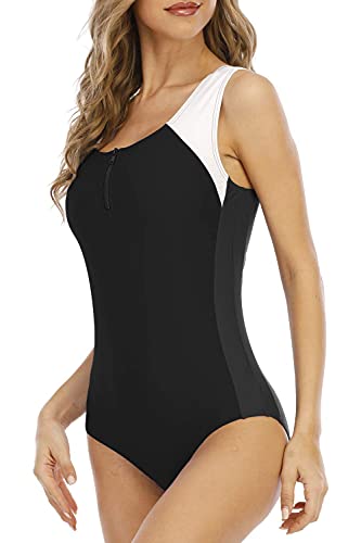 Halcurt Bañador de una pieza para mujer con cremallera de corte alto, espalda descubierta, negro/blanco, XL