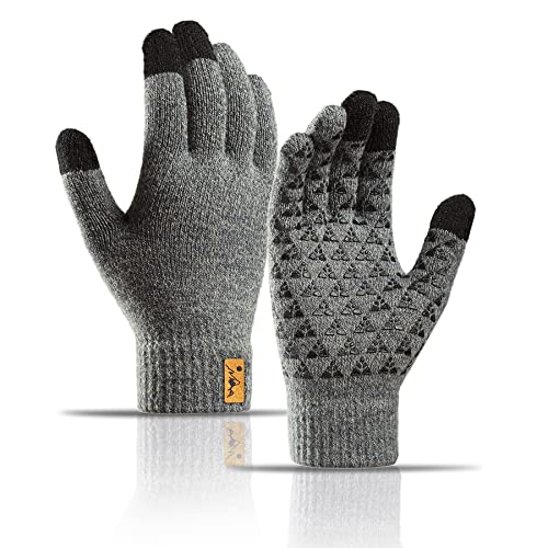 HIKARO Marca Amazon Guantes térmicos de invierno para hombre y mujer de punto con interior de forro polar, antideslizantes y con dedos táctiles, para exterior, gris claro, talla M