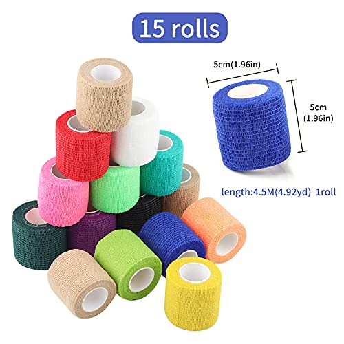 Hileyu 15 Piezas Vendaje Autoadhesivo para Mascotas Venda cohesiva de 5 cm x 4.5 m Vendas autoadhesiva para esguinces e hinchazón para Perros,Gatos Vendaje elástico para Mascotas Vet Wrap