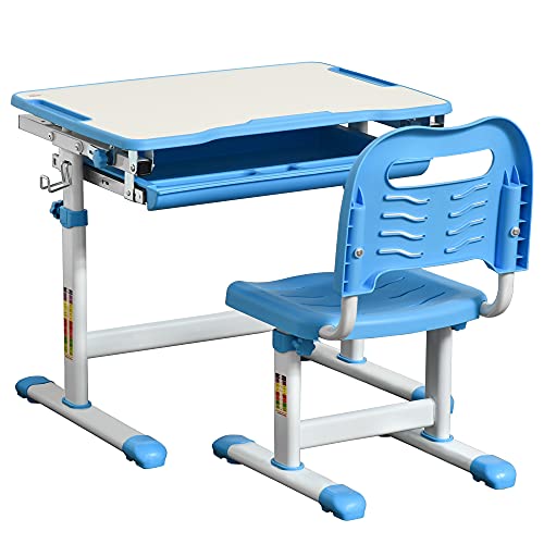 HOMCOM Pupitre Infantil 2 en 1 Juego de Escritorio y Silla para Niños de +6 Años con Altura Ajustable Mesa Regulable en Ángulo y Bandeja Deslizante 66x47x77 cm Azul