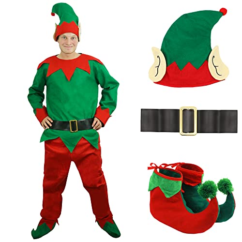 I LOVE FANCY DRESS LTD Disfraz DE Elfo Disfraz DE Navidad Elfo DESCARADO - Top Verde + PANTALÓN Rojo + CINTURÓN Negro + Sombrero con Orejas Y Borla + Zapatos DE Elfo DE Lujo con Pompones (X-PEQUEÑO)