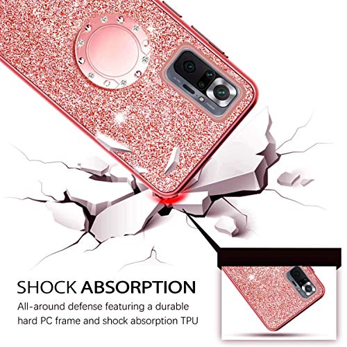 Ingen Funda Compatible con Xiaomi Redmi Note 10 Pro/10 Pro MAX 6.67", Funda Bling Glitter Silicona TPU Ultra Fina Suave Carcasa con Anillo Kickstand de 360 y Cordon, Oro Rosa