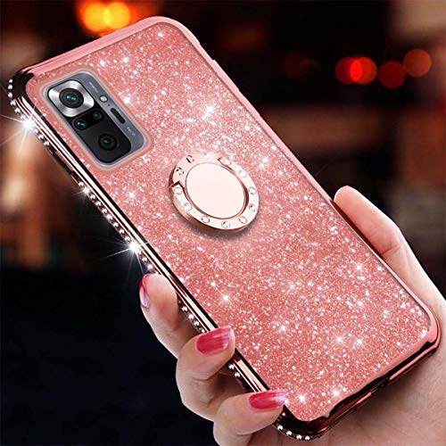 Ingen Funda Compatible con Xiaomi Redmi Note 10 Pro/10 Pro MAX 6.67", Funda Bling Glitter Silicona TPU Ultra Fina Suave Carcasa con Anillo Kickstand de 360 y Cordon, Oro Rosa