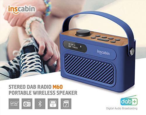 Inscabin M60 Radio Digital portátil Dab/Dab + FM/Altavoz inalámbrico portátil con Bluetooth/Sonido estéreo/Altavoces Dobles/Reloj Despertador Doble/Subwoofer/Batería Recargable/Hermoso diseño (Blue)