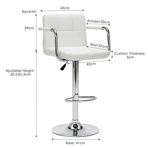 IntimaTe WM Heart 2 x Taburetes Alto de Bar con Apoyabrazos de Cuero Sintético Silla de Bar 360°Giratoria Altura Ajustable, Pedales de Cromo Duraderos, para Bar y Cocina (Blanco)