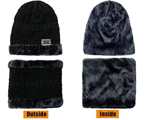 Invierno Beanie Gorro de Punto Sombrero y Cuello Bufanda Gruesa y Suave Forrado Conjunto de 2 Piezas para Hombres Mujeres