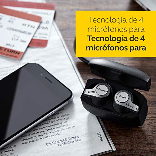 Jabra Elite 65t, Auriculares Bluetooth con Cancelación Pasiva del Ruido, Tecnología de Cuatro Micrófonos para Auténticas Llamadas Inalámbricas y Música, Negro Titanio