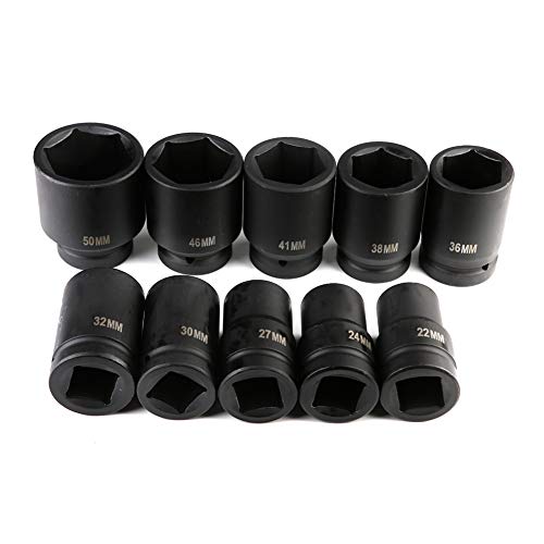 Juego de 10 piezas de 1 pulgada Metric Deep Impact Socket de acero cromo vanadio, 22 mm, 24 mm, 27 mm, 30 mm, 32 mm, 36 mm, 38 mm, 41 mm, 46 mm, 50 mm