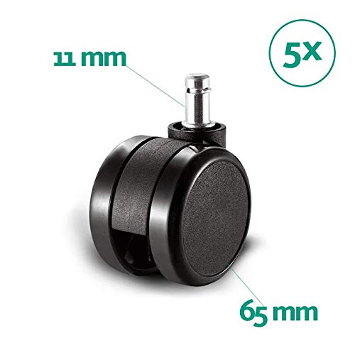 La Silla de Claudia - Ruedas Goma Grandes Silla Oficina. Enganche (Eje) de 11 mm, Rueda con diámetro 65 mm. Juego de Ruedas Goma de repuesta Ideal para Suelos de parquet y delicados (Pack 5 uds)