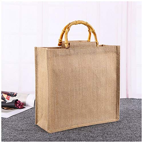 Liyue-hemp rope Yute Natural arpillera Bolsas de Asas Reutilizable de Eco Grande del Bolso con la manija de bambú de Compra de comestibles Vino Bolsa de Regalo Tamaño 35X33X13CM Multi Propósito Bolsa