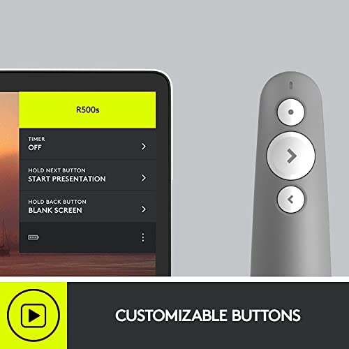 Logitech R500s, dispositivo de presentación láser de Clase 1 Bluetooth y USB/ clicker para presentaciones – Compatibilidad universal, radio de acción de 20 m, personalizable– Gris claro