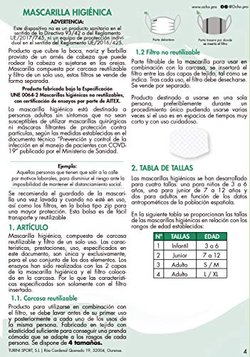 Mascarilla higiénica, CERTIFICADA BFE+ 90% y reutilizable con 10 filtros de un solo uso. Linea Colours. Talla S/M de adulto