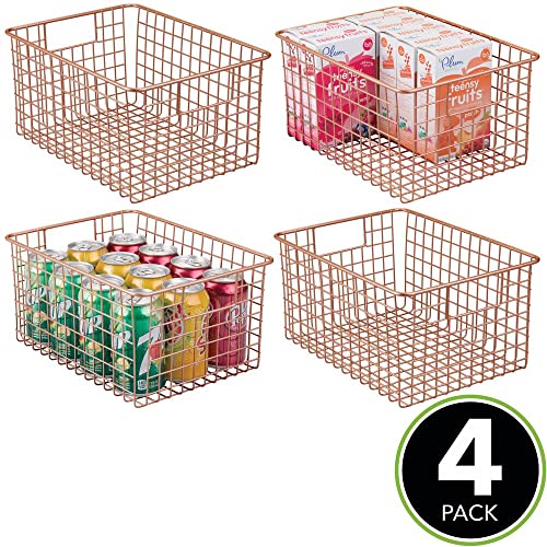 mDesign Cesta de metal multiusos – Versátil organizador de cocina, despensa y más – 30,5 cm x 22,9 cm x 15,2 cm – Cestas organizadoras universales de rejilla metálica con asas – juego de 4 – cobre