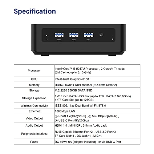 Mini PC 8GB de RAM Actualizable SSD de 256 GB Procesador Core i5-5257U (hasta 3.1Ghz),Ordenadores de Sobremesa 4K HD con Puerto USB-C/HDMI/Mini DP,2X Ethernet Wi-Fi Dual