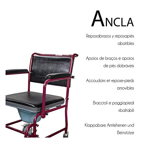 Mobiclinic, Ancla, Silla de ruedas con Inodoro, Marca Española, para minusválidos, discapacitados, ancianos, Plegable, Reposabrazos y Reposapiés, Asiento Ergonómico, Conteras antideslizantes, Burdeos