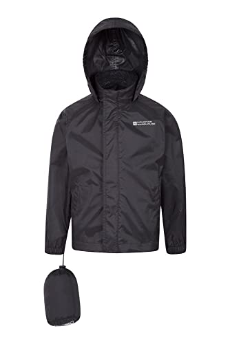 Mountain Warehouse Chaqueta Pakka para niños - Chubasquero y Cortavientos Transpirable, Repelente al Agua, con 2 Bolsillos y Plegable - Ideal para excursiones y Paseos Negro 3-4 Años