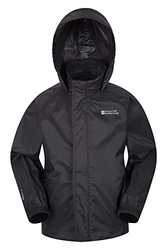 Mountain Warehouse Chaqueta Pakka para niños - Chubasquero y Cortavientos Transpirable, Repelente al Agua, con 2 Bolsillos y Plegable - Ideal para excursiones y Paseos Negro 3-4 Años