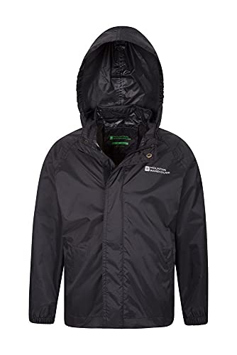 Mountain Warehouse Chaqueta Pakka para niños - Chubasquero y Cortavientos Transpirable, Repelente al Agua, con 2 Bolsillos y Plegable - Ideal para excursiones y Paseos Negro 3-4 Años