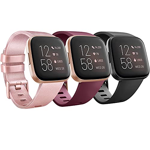 Mugust 3 Piezas Correa Compatible con Fitbit Versa/Fitbit Versa 2 Correa, Pulsera de Repuesto Clásica de Silicona para Fitbit Versa 2 / Versa/Versa Lite Correas (S, Oro Rosa/Negro/Rojo Vino)