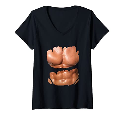 Mujer Disfraz de fiesta de Halloween de Six Pack Abs falso Camiseta Cuello V