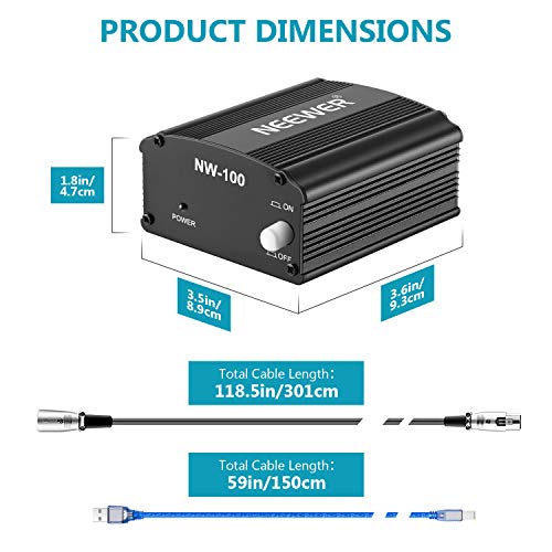 Neewer 1-Canal 48V Fuente de Alimentación Fantasma con 1,5 metros USB Cable, BONUS+XLR 3 Pin Cable de Micrófono para Cualquier Micrófono Equipo Grabación Música