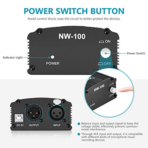 Neewer 1-Canal 48V Fuente de Alimentación Fantasma con 1,5 metros USB Cable, BONUS+XLR 3 Pin Cable de Micrófono para Cualquier Micrófono Equipo Grabación Música