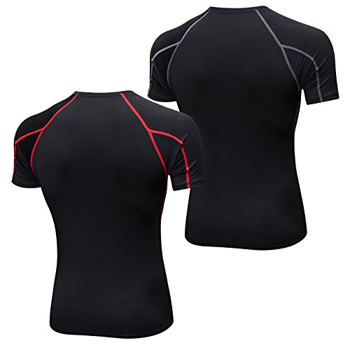 Niksa 2 Piezas Camisetas de Fitness Compresión Ropa Deportiva Manga Corta Hombre para Correr, Ejercicio,Gimnasio Negro Gris+ Negro Rojo 1053(XL)