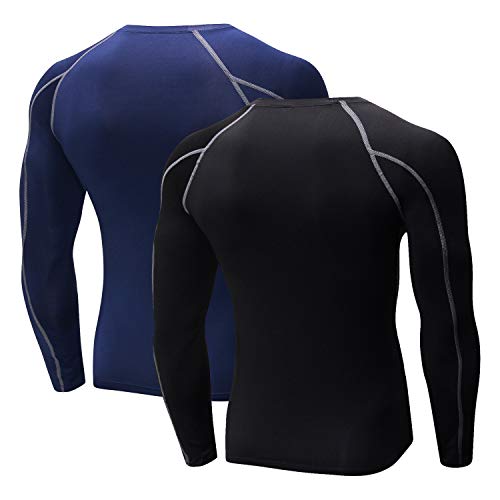 Niksa 2 Piezas Camisetas de Fitness Compresión Ropa Deportiva Manga Larga Hombre para Correr, Ejercicio,Gimnasio 1059 (X-Large(Fit Chest 38.5"-40.5"), (Manga Larga) Negro Gris+Azul Marino)