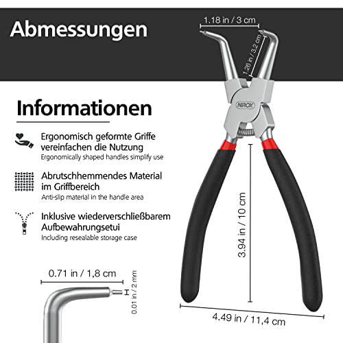 Nirox Juego de 4 Alicates para anillos de presión de 175 mm - Alicates para arandelas con puntas de precisión - Alicates circlip con mangos antideslizantes - Alicates en bolsa de almacenamiento