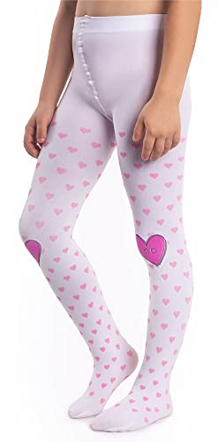 NOQ Medias opacas para niñas Corazones Sí/No 120 DEN Danza Gimnasia Escuela Fancy Pantimedias Guardería, blanco, 10-11 años