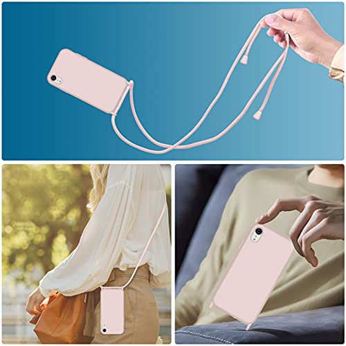 Nupcknn Funda Silicona con Cuerda para iPhone XR, Carcasa Suave Silicona Case con Correa Colgante Ajustable Collar Correa de Cuello Cadena Cordón(Oro Rosa)