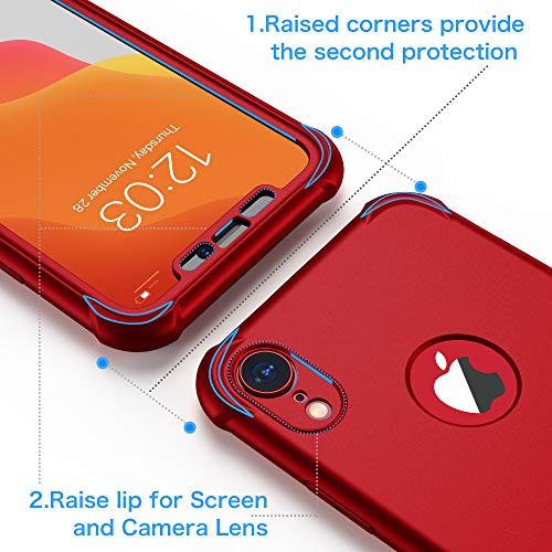 ORETECH Funda Compatible con iPhone XR, con 2 x Protector de Pantalla de Vidrio Templado 360°Carcasa para iPhone XR Case Silicona Ligera Delgado PC TPU Bumper Rubber Funda para iPhone XR Caso Rojo