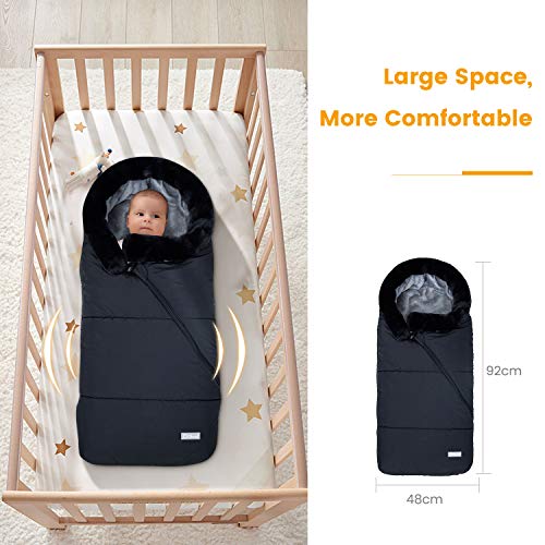 Orzbow Sacos Carrito Bebe Universal,Inviern Saco Silla Paseo,Saco Capazo Cochecito Bebe Con cuello de piel Impermeable a Pruebade Viento Forro de vellón polar (Negro)