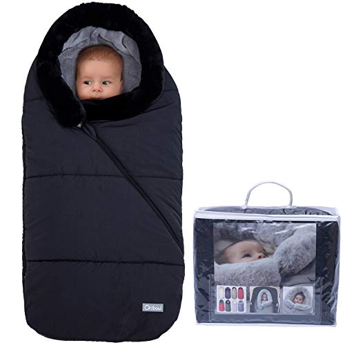 Orzbow Sacos Carrito Bebe Universal,Inviern Saco Silla Paseo,Saco Capazo Cochecito Bebe Con cuello de piel Impermeable a Pruebade Viento Forro de vellón polar (Negro)