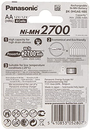 Panasonic BK-3HGAE/4BE - Pilas AA NI-MH 2700 recargables de gran capacidad (2.700 mAh, 4 unidades)