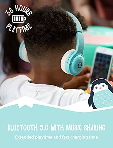 Planet Buddies Auriculares Inalámbricos para Niños, Bluetooth Seguros Volumen Limitado para Niños, Auriculares Plegables con Micrófono, Compatibles con Tableta, 38 Horas de Tiempo, Diseño de Pingüino