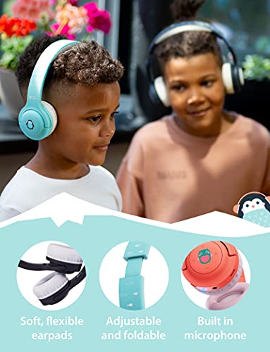 Planet Buddies Auriculares Inalámbricos para Niños, Bluetooth Seguros Volumen Limitado para Niños, Auriculares Plegables con Micrófono, Compatibles con Tableta, 38 Horas de Tiempo, Diseño de Pingüino