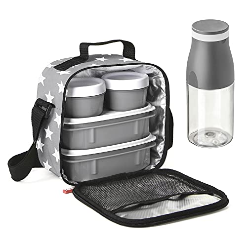 PracticFood Kit Urban Food Casual - Bolsa Térmica Porta Alimentos con Tapers Herméticos (Drink Stars Grey)