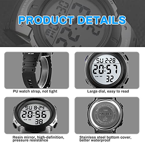 Reloj Digital Hombre, Welltop Reloj Deportivo Hombre Reloj cronometro con Temporizador de Alarma, dial Grande，Impermeable al Aire Libre Reloj Deportivo Hombre con retroiluminación Leds (Gris)