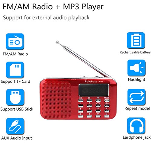 Retekess PR11 Radio Portatil Pequeña, Radio de Bolsillo FM Am Radio con Batería Recargable, Linterna, Radio Transistor, Soporte Unidad USB, Tarjeta TF, Entrada AUX (Rojo)