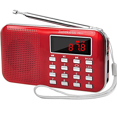 Retekess PR11 Radio Portatil Pequeña, Radio de Bolsillo FM Am Radio con Batería Recargable, Linterna, Radio Transistor, Soporte Unidad USB, Tarjeta TF, Entrada AUX (Rojo)