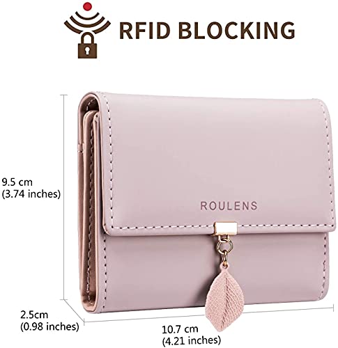 Roulens Cartera de Mujer con RFID Monedero Corto Adorno Hoja Colgante Cartera Minimalista con Bolsillo de Cremallera para Monedas